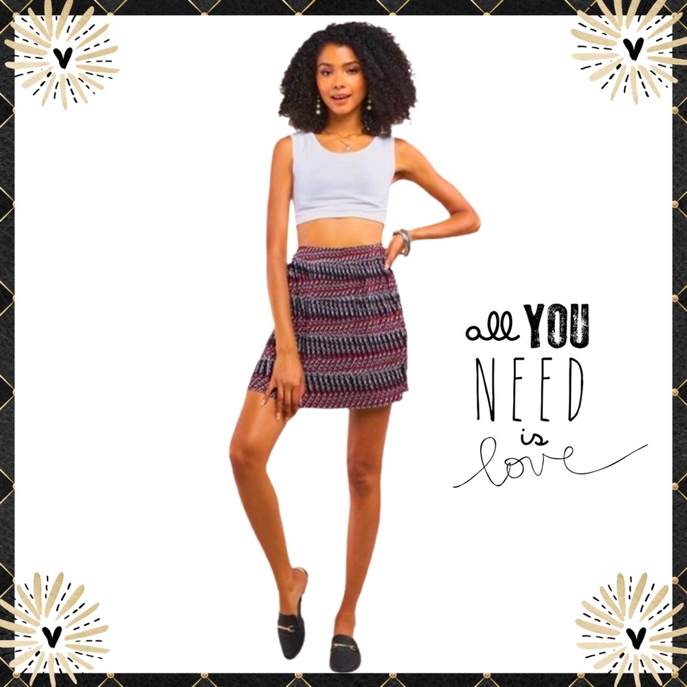 Pleated Mini Skirt by Sugar + Lips, Black and Burgundy Woven Print, Size M or L